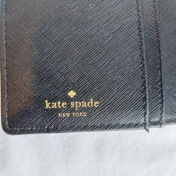Kate Spade Bifold Rhinestone Bow Black Leather Wallet Snap Button Zip - Picture 10 of 13